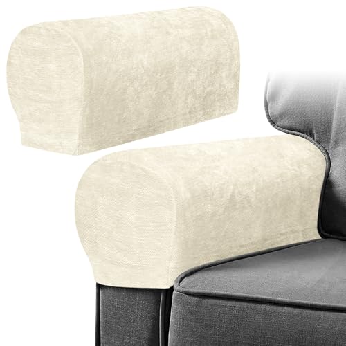 Armrest Chair Covers, Set of 2 Anti-Slip Stretch Chenille Couch Arm Cover with 10 Twist Nails, Armrest Covers Thickened Arm Caps Slipcovers for Sofa Couch Chair Recliner Protector, Aurora White