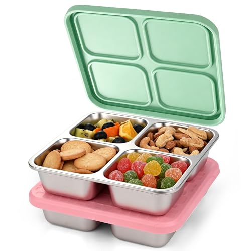 Image of 2 Pack Stainless Steel Snack Containers with Silicone Lids, Leakproof Bento Snack Boxes, Reusable 4 Compartment Metal Lunch Containers, Dishwasher Safe Food Storage for Meal Prep, Work & Travel (B)