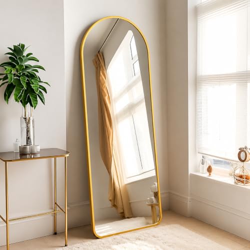 مراة كاملة الطول غير قابلة للكسر 160 × 40 سم، اطار من خليط الالومنيوم الذهبي، مراة ارضية HD مقاومة للكسر، قائمة بذاتها او مائلة او مثبتة على الحائط، مراة لكامل الجسم (اطار ذهبي مقوس، ارتفاع 160 × عرض