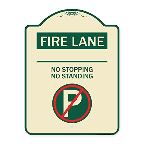 SignMission Designer Series Sign - Fire Lane - No Stopping, No Standing (with No Parking Symbol) | Tan & Green 18" x 24" Heavy-Gauge Aluminum Architectural Sign | Made in The USA