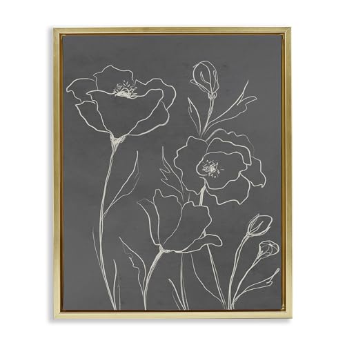Gray Poppies Outline Floral, 17 x 21 Inch Canvas in Floater Frame