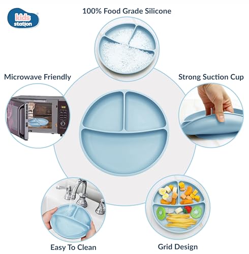 Image of Kids Station 3 Piece BPA-Free Silicone Baby Feeding Set - Baby Plate - Spoon and Bowl - Make Mealtime Fun - Microwave Safe - Unbreakable Eco-Friendly - Organic & Natural (Blue)