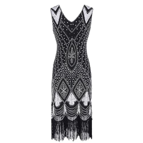 Robe des années 20 pour femme verte et bleue à paillettes et franges style Gatsby