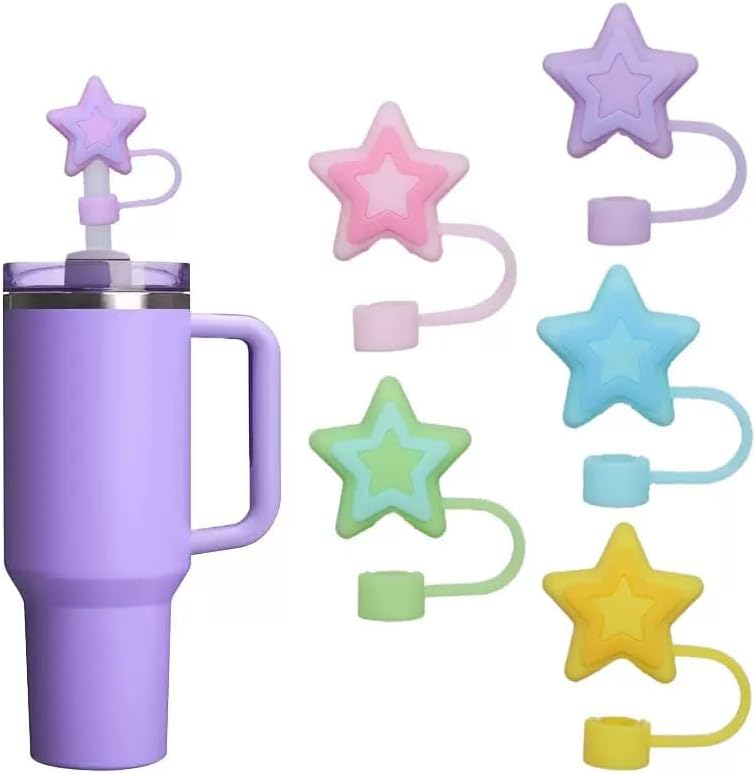 5Pcs Multicolor Straw Cover Cap for Stanley 30 40oz Cute Star Splash Proof Topper,Drinking Straw Tip Covers for Stanley Cups