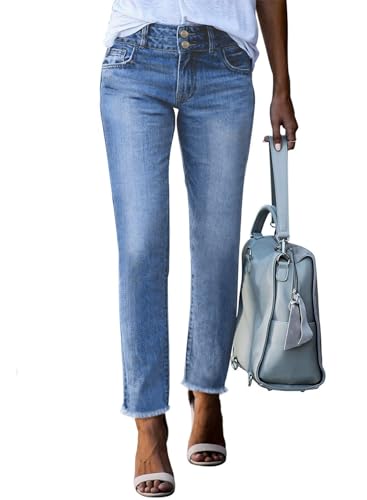 Sidefeel Women's Boyfriend Jeans High Waisted Strechy Straight Legs Denim Pants with Pockets Size 10 Mist Blue
