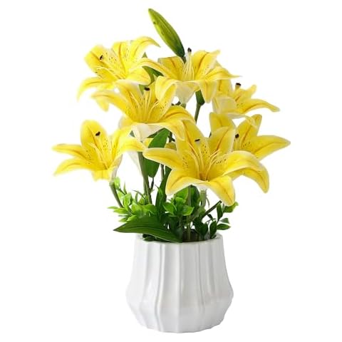 Angerlo Realistic Artificial Lily Flowers in Vase, Lifelike Fake Flowers Faux Plants Table Centerpiece Arrangements for Home Office Indoor Room Decor (Yellow) Cover