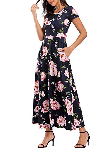 ZABERRY Maxi Dresses for Women Summer Dresses Long Sun Dress Women Floral Dresses Short Sleeve-Navy Floral L