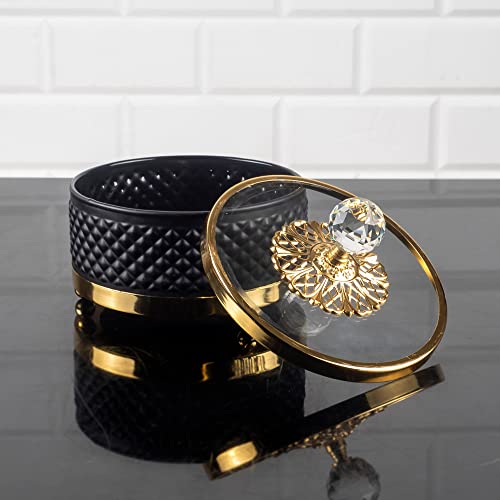 Handmade Fancy Candy Bowl, Round Decorative Sugar Serving Dish With Lid And Crystal Top, Footed Gold Candy Jars For Office Desk, Black, 5.5 In (Gold) #TOP2