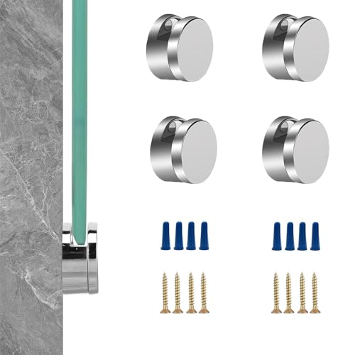 Image of Frameless Mirror Mounting Hardware Kit Zinc Alloy Mirror Holder Clips Round Shape Dual-Screw Fixing Mirror Glass Hanging Bracket with Screws and Anchors Fit for 3-5mm Thickness (Silver, Set of 4 )