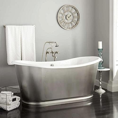 Signature Hardware 479800 Dorset 66" Cast Iron Soaking Double Slipper Freestanding Tub with Integrated Drain, Overflow and Rolled Rim - Stainless Steel/Chrome