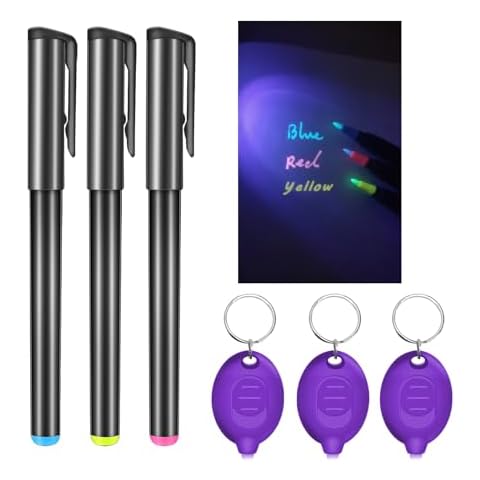 Daemson Invisible Ink Pen, Spy Pen with 3 PCS Mini UV LED Keychain Flashlight, Disappearing Ink Magic Pen with Black Light Markers for Secret Notes, Fit for Christmas Halloween Holiday Gifts (3 PCS) Cover