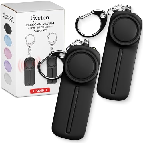 Weten Personal Safety Alarm Keychain - 2 Pack 130dB Siren, LED Light, Panic Pin – Compact Self-Defense Device and Emergency Whistle Alternative for Women, College, Travel, and Night Walk Protection