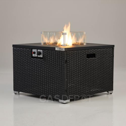 REALGLOW Warmpact Rattan Table Gas Fire Pit in Black - 13KW Square Propane Gas Fire Pit w/Removable Glass Wind Guard, Lava Rock & Lid Cover - Coffee Table w/Heater for Garden, Deck, Outdoor Bars