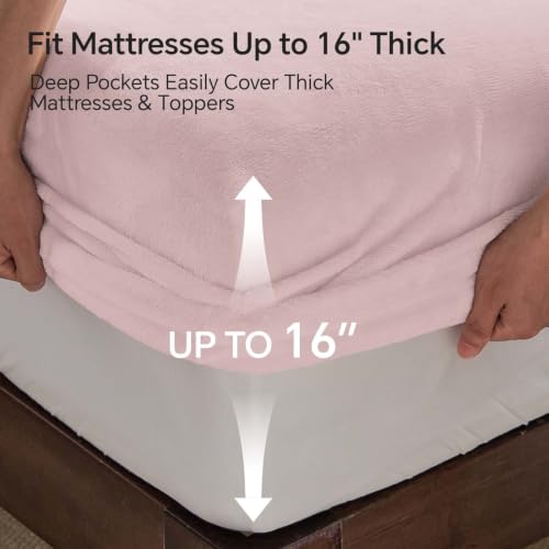 Image of BEDELITE Flannel Full Fitted Sheet & Pillowcases Set, Pink, 3 Pieces | Ultra Soft Plush Fleece Bed Sheet with Elastic Corner Straps, 16 Inch Deep Pocket, Fuzzy All-Season Gift & Room Decor