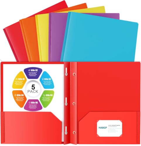 5 Folders with Pockets and Prongs, 2 Pocket 3 Prong Folders, Plastic Folder