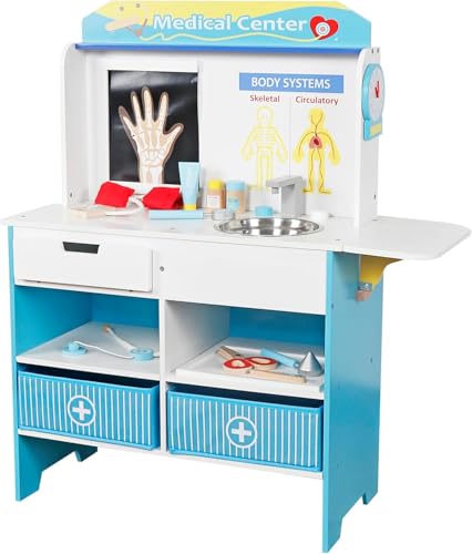 Wooden Activity Center- Kids Well Doctor Pretend Play Medical Playset w 16 Fun Accessories, Dual Sided, Office Checkup Kit, X-Rays, Blood Pressure Cuff- Fun Roleplaying Gift for Boys & Girls