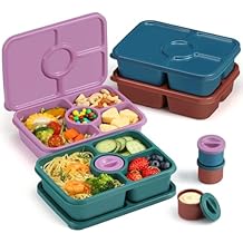 Bento Snack Box Containers, Reusable Meal Prep Lunch Containers for Adults Kids, Stackable Bento Snack Box 4 Pack, Divided Lunchable Food Storage Containers with Sauce Container, Dark Purple