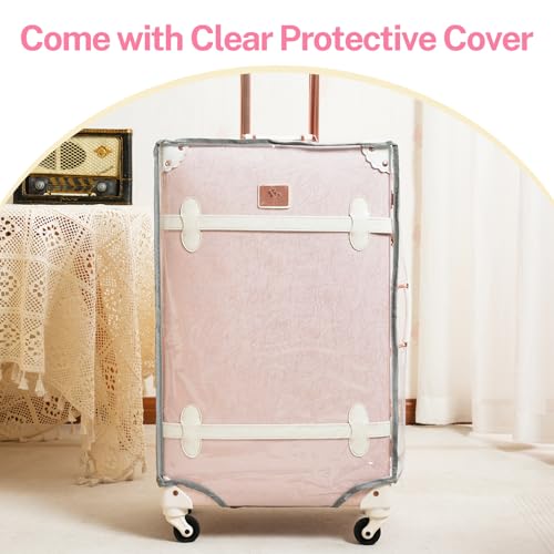 urecity 20" Elegant Pink Vintage Luggage Set 2 Piece, Aluminum Frame Retro Carry On Suitcase with Cosmetic Case, Vegan Leather Spinner Trunk for Women (Clear Cover Included) by urecity - Used condition - Image 7