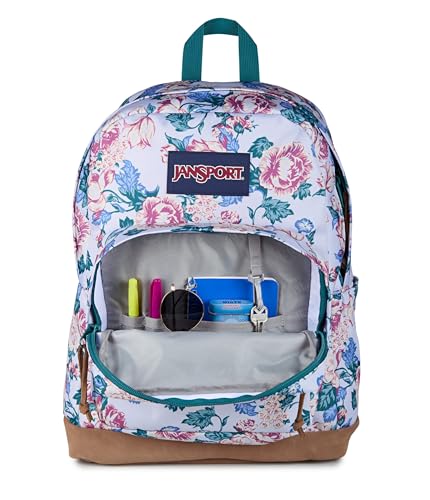 Image of JanSport Right Pack Backpack - Durable Daypack with Padded 15 inch Laptop Sleeve, Spacious Main Compartment & Integrated Water Bottle Pocket - Rustic Roses Moon Flower /Blu /Pnk /Grn