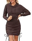 Aottori Women Brown Hoodies Dress Ladies Pullover Long Sleeve Sweatshirt Dresses Casual Solid Ruched Thermal Fleece Hooded Tops Dark Brown M