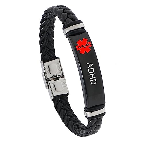 Free Engraving Braided Leather Medical Alert Wristband Sos ICE Personalized Customized Medical ID Bracelet Awareness Emergency for Men Women with Medic Insert Wallet Card,8.27''