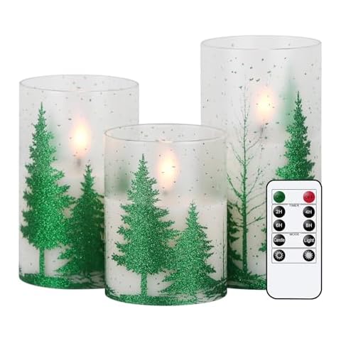 DRomance Christmas Tree Glass Flameless Candles with Remote Timer Battery Operated Real Wax 3D Wick LED Flickering Pillar Candles Christmas Holiday Decor(Green, 3 x 4,5,6 Inch) Cover