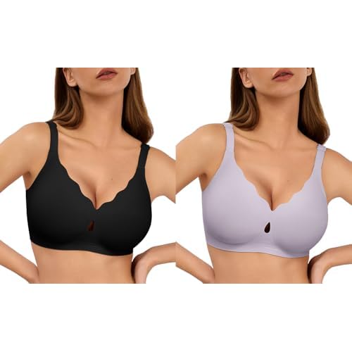 Wave Push Up Wireless Bra Seamless Bras Black 2XL & Full Coverage Comfortable Everyday Bra Purple 2XL