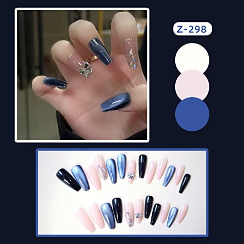 Long Press On Nails Coffin Blue Sliver Fake Nails Cat Eye Butterfly Charm Glitter Designs Summer Stick On Nails Glossy False Nails Stick On Nails For Women Girls Nail Decoration #TOP1