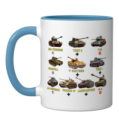 Top Ten Best WW2 Tanks M4 Sherman Panzer IV Tiger II T-34 Ceramic Mug, Blue/White, 11oz