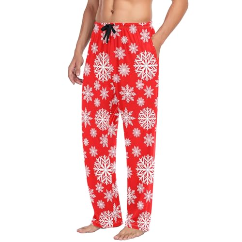White Snowflakes Red Pajama Pants for Men Comfy Pajama Bottoms Cotton Lounge Pants with Pockets4