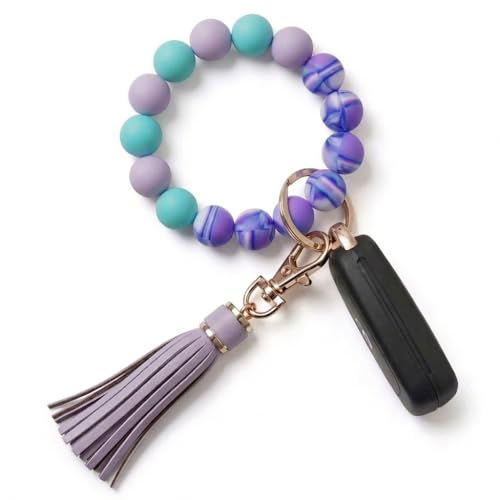 BIHRTC Silicone Key Ring Bracelet Beaded Wrislet Keychain Portable House Car Keys Ring Holder Key Ring Bangle Chains Silicone Beaded Keyring with Leather Tassel for Women