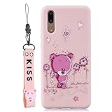 Yobby Hülle für Huawei P20,Niedlich Blumen Bär Sandrosa Handyhülle Weiches Silikon Tiere Gummi Schale mit Handschlaufe,Cartoon Lustige Motive Frauen Mädchen Schutzhülle