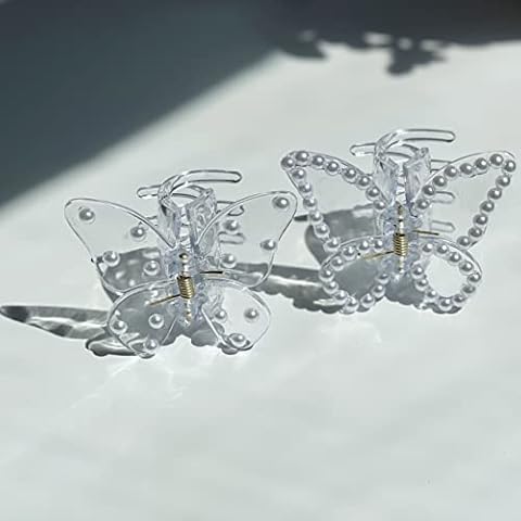 Two Oh One 2PCS Acrylic Crystal Butterfly Shape Hair Clip Claw with Pearls Strong Hold Women's Accessory for all Hair Type Cover