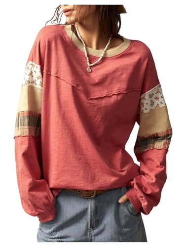 SOLY HUX Women's Boho Floral T Shirt Crew Neck Long Sleeve Patched Tee Casual Loose Fit Tops Red Floral Medium