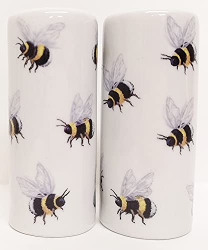 Image of Bees Salt & Pepper Ceramic Bumble Bees Porcelain Round Salt & Pepper Cruet Set Hand Decorated in UK