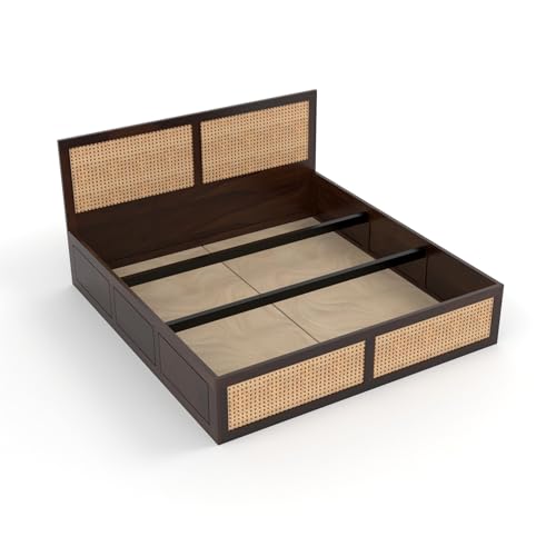 Image of Sheesham Wood Cane Bed with Box Storage for Bedroom | Queen Size Wooden Double Bed Palang with Rattan Headboard & Footboard (Walnut Finish)