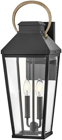 Hinkley Dawson Large Wall Mount Outdoor Lantern, Aluminum, Clear Beveled Glass, Tapered Silhouette, Black Finish with Burnished Bronze Accent