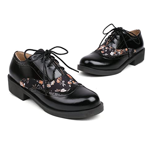 Women Perforated Wingtips Oxfords Fashion Round Toe Leather Splicing Floral Flat Low Heel Brogue Shoes Black #TOP1