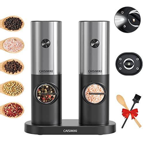 CAISIMIKI 2 PACK Electric Salt and Pepper Grinder Set, Battery Operated Automatic Salt and Pepper Mill, Adjustable Coarseness, Grinder Shakers with LED Light, Free Brush and Spoon, One Hand