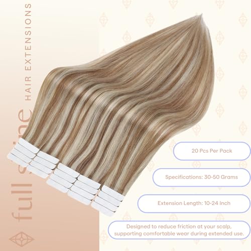 Image of Full Shine Tape Ins Human Hair Extensions, Honey Blonde Mix 18 Inch | 50g 20PCS, Brazilian Human Hair Tape in Extensions, Invisible Seamless Wedding Styling Natural Blend Aesthetic Appeal