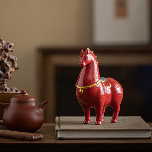Red Ceramic Horse Statue, 5.5" H Chinese Fortune Tang Horse Sculpture for Wealth and Success, Zodiac Horse Figurine