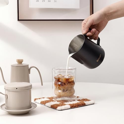 Image of Axeon Stainless Steel Milk Frothing Pitcher 600ml / 20oz | Espresso Milk Frother Jug with Internal Scale & Matte Coating | V-Spout for Latte Art | Barista Steam Jug for Cappuccino & Coffee, Black