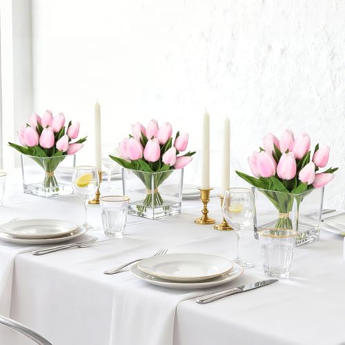 Garvee Pink Tulip Artificial Flowers with Glass Vase, Silk Faux Tulip Flower Arrangement with Faux Water, Fake Flowers in Vase for Table Centerpieces, Shelf Bathroom Decor, Home & Wedding Decoration by Garvee - Used condition - Image 6