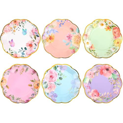 Kochorie 72 Pieces Floral Paper Plates, 9 Inch Floral Tea Party Disposable Plates, Wildflower Scalloped Dessert Plate for Birthday Baby Shower Wedding Garden Afternoon Decorations, 6 Styles