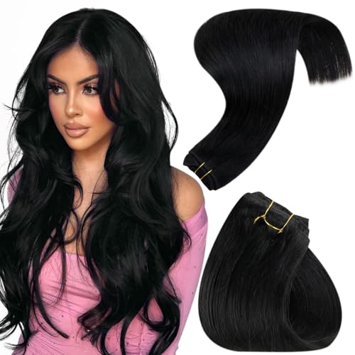 Hetto Sew in Hair Extensions Real Human Hair Jet Black Weft Hair Extensions Human Hair Black Hair Sew in Bundles Human Hair Black Hair Extensions Short Straight 12 Inch 70g