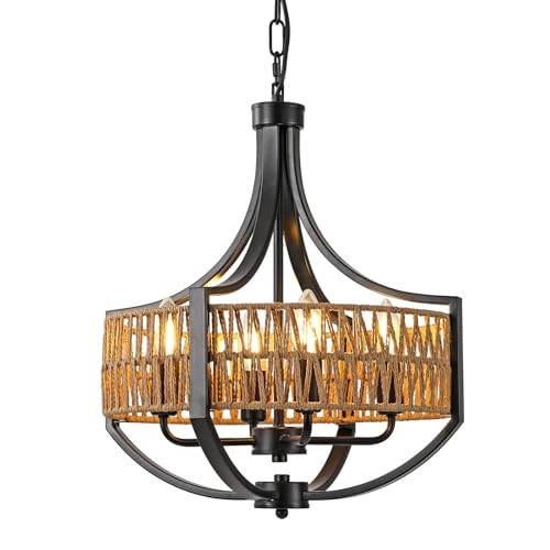17" Modern Farmhouse Chandelier Light Fixtures, 4-Light Rattan Pendant Lighting with Hand Woven Wicker Shade, Boho Black Chandeliers Hanging Light for Dining Room Kitchen Island Bedroom Foyer