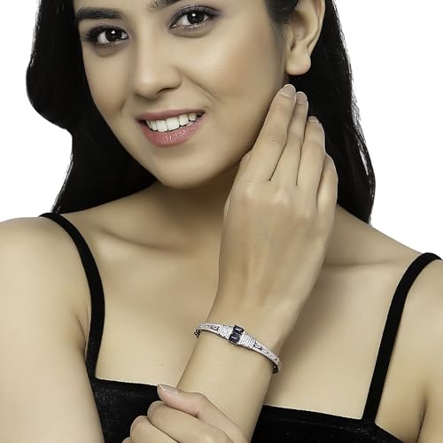 Image of ZENEME Rhodium-Plated Square Shaped American Diamond Studded Kada Bracelet For Girls and Women