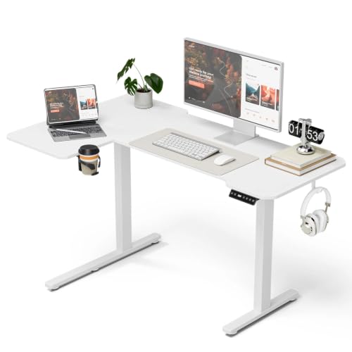 Image of Acrolix L Shaped Electric Standing Desk - 43x31.5 Inch Reversible Corner Sit Stand Desk with Hook&Cup Holder,Electric Height Adjustable Table,for Small Home Office&Bedroom Computer Desk, White