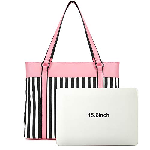 Women Laptop Tote Bag For Work Canvas Computer Handbag Purse Shoulder Bag Lightweight Canvas Laptop Bag For 15.6 Inch (Black Stripe-Pink) #TOP2