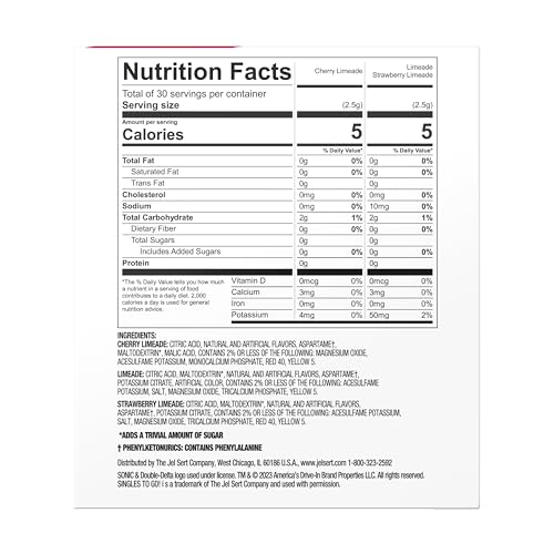 Sonic Singles To Go Limeade Variety Pack, Watertok Powdered Drink Mix, Includes 3 Flavors, Limeade, Cherry Limeade, Strawberry Limeade, 1 Box (30 Servings)